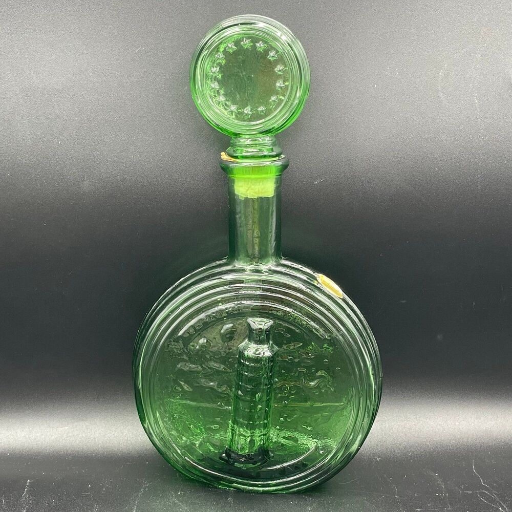 Vintage Green Glass Ribbed Decanter Bottle Empoli Made In Italy Star Top Stopper